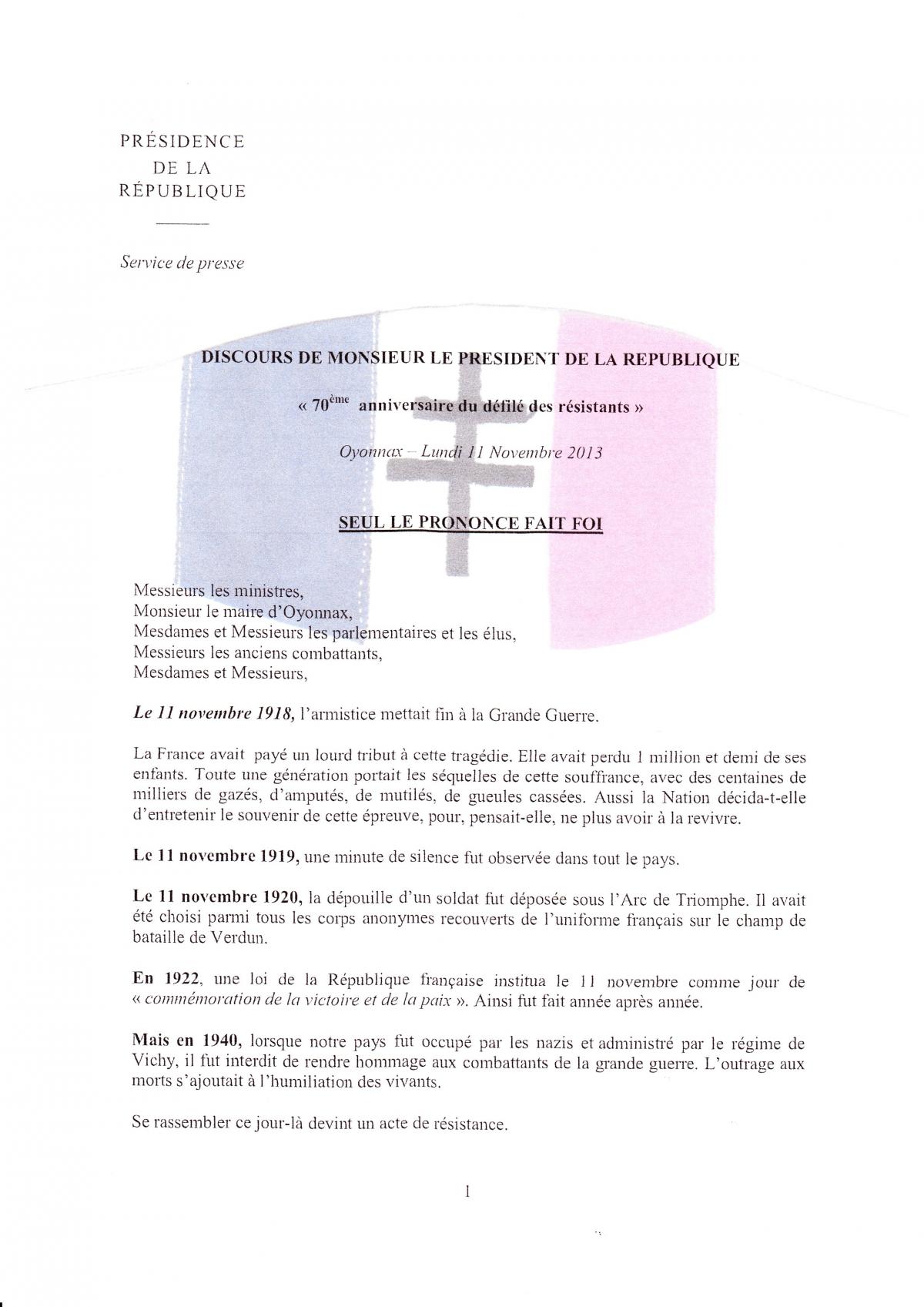  OYONNAX 11/11/2013 DISCOURS DE MONSIEUR LE PRESIDENT DE LA REPUBLIQUE FRANÇAISE  page 1/5